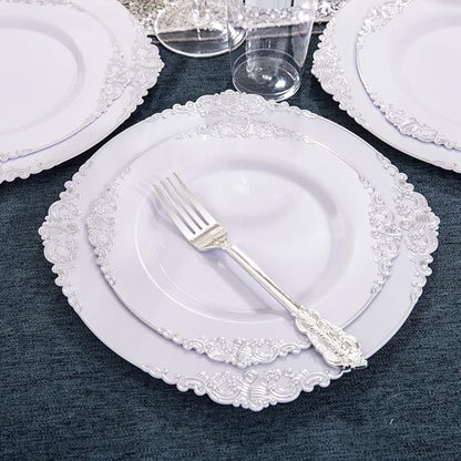 Hioasis 100pcs White Silver Plastic Plates for Party - 7.5" Dessert Plates Disposable, Heavy -duty, Classy and Elegant for Wedding
