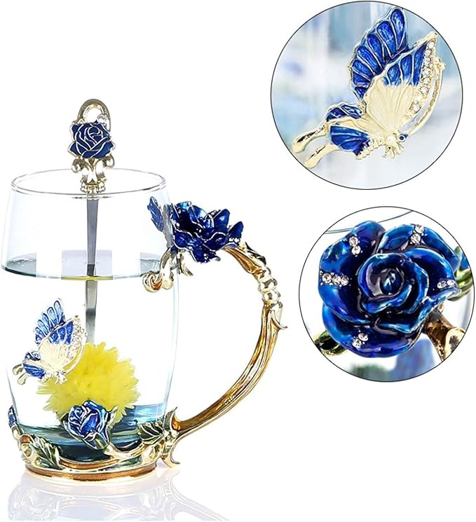 Enamel Glass Tea Cup Blue Rose Coffee Mug, Personalized Gifts - Image 2
