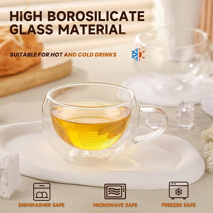 Double Wall Insulated Glass Tea Cups Set of 4, Teacups Coffee Mugs - Image 2