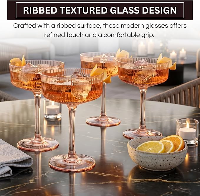 Khen Pink Peach Acrylic Ribbed Coupe Martini Champagne Cocktail Glasses - Image 3