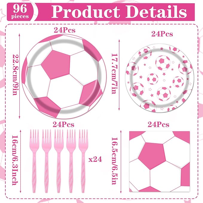Rakuto Pink Soccer Party Decorations 96PCS Plates Napkins Set | Pink Soccer - Image 2