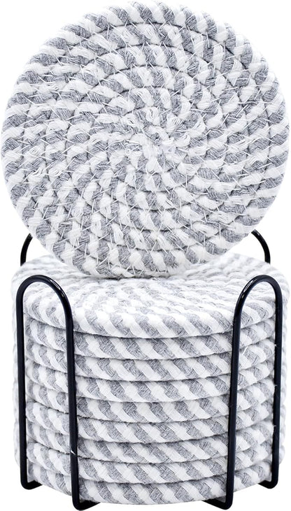 ABenkle Drink Coasters with Holder Set of 10, Cotton Woven Absorbent Coasters for Drinks, Minimalist Home Decor Coaster Set for Wooden Tabletop Protection Table, 4.3 inches