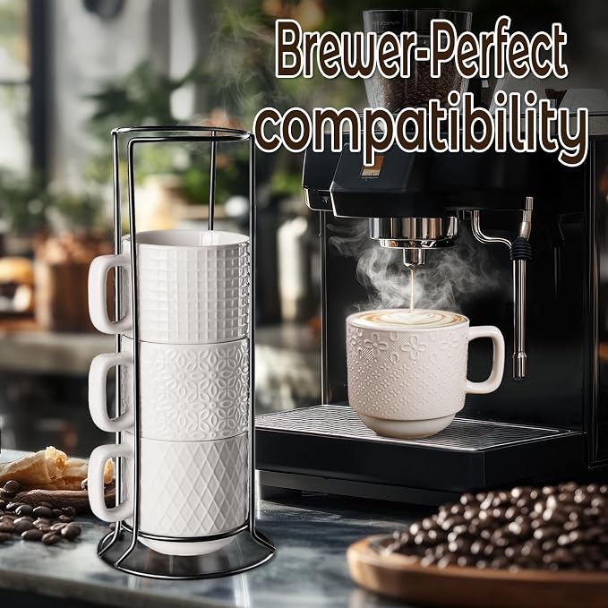 Large Coffee Mug Set of 4 with Stand and Spoons – 14oz Heavy Duty Ceramic Cups - Image 3
