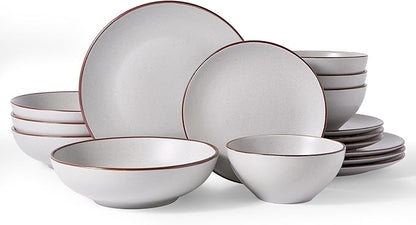Famiware Venus Speckled Dinnerware Set with Pasta Bowls, Service for 4 (16 Pieces), Stoneware Plates and Double Bowls Sets, Microwave & Dishwasher-Safe Dishes with Trim, Matte Light Grey