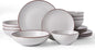 Famiware Venus Speckled Dinnerware Set with Pasta Bowls, Service for 4 (16 Pieces), Stoneware Plates and Double Bowls Sets, Microwave & Dishwasher-Safe Dishes with Trim, Matte Light Grey