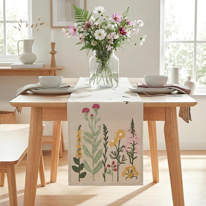 Artoid Mode Beige Soft Chain Embroidery Wild Floral Spring Table Runner - Image 2