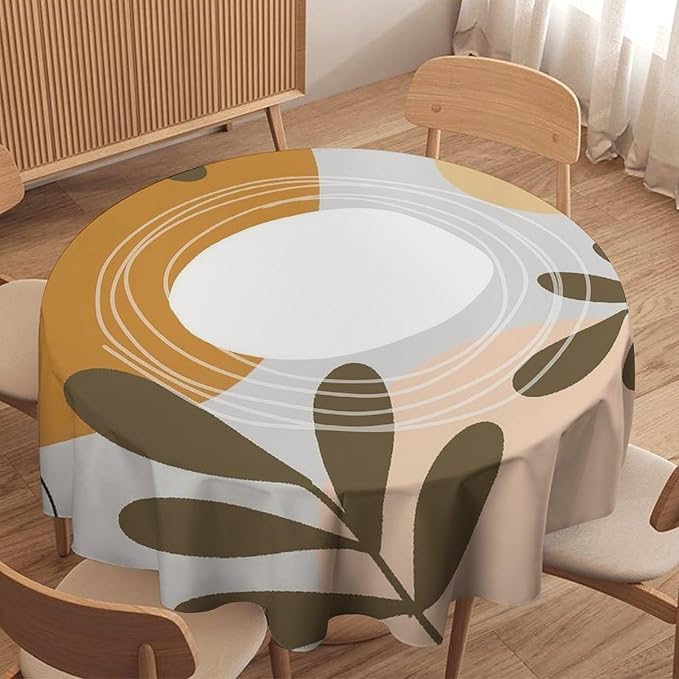 Boho Mid Century Round Tablecloth, Bohemian Abstract Modern Leaves Tablecloth for Home Party Dining Room Kitchen Decor 70Inch(178cm)