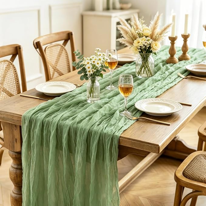 Sage Green Cheesecloth Table Runner, 10FT Rustic Green Boho Gauze Table Runner - Image 4