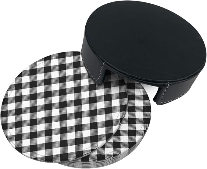 6 Pcs Black White Striped Plaid Leather Coasters - Image 4