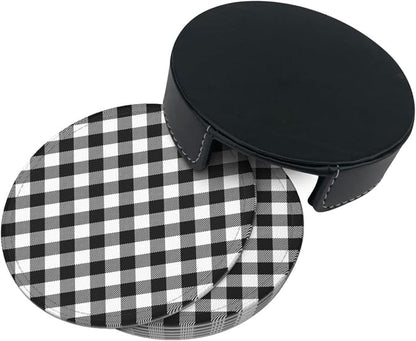 6 Pcs Black White Striped Plaid Leather Coasters - Image 4