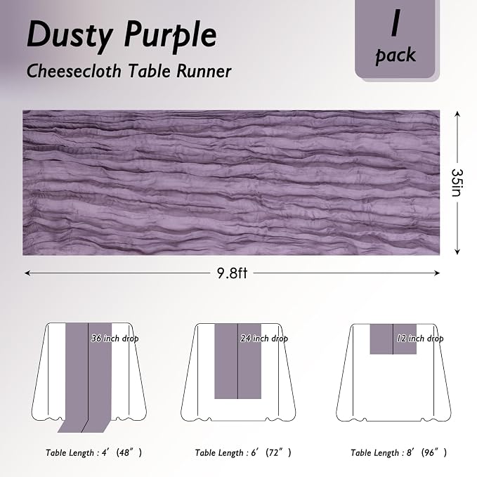 3 Pack Dusty Purple Cheesecloth Table Runner 120 Inch Boho Wedding Decor | - Image 2