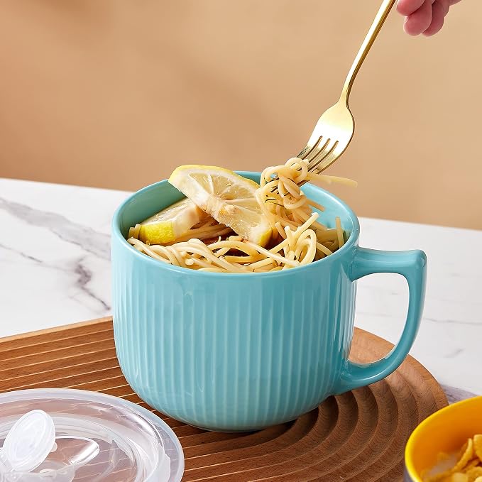 Ceramic Soup Bowl with Handle & Lid, Large 32oz Microwave Ramen Bowl Blue | - Image 2