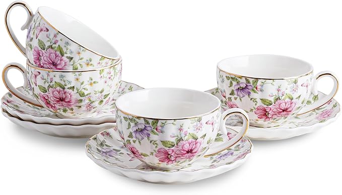 Agyiuns Tea Cup and Saucers, 6.4oz Floral Tea Cups by Agyiuns