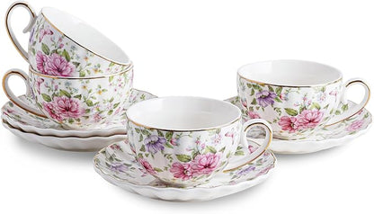 Agyiuns Tea Cup and Saucers, 6.4oz Floral Tea Cups by Agyiuns