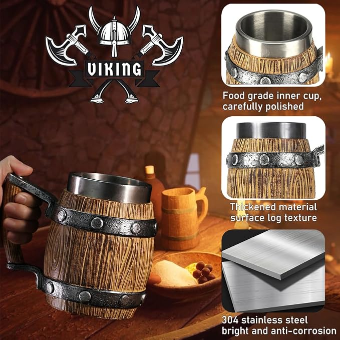 Nordic Viking Mug, pirate Beer Cup, Wooden Barrel Beer Mug Stainless Steel Liner - Image 5