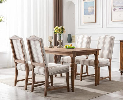 CIMOTA Mid Century Modern Dining Chairs Set of 4, Farmhouse Upholstered Dining Room Chairs Comfortable Kitchen Side Chairs with High Back/Natural Solid Wood Frame, Linen Brown/Beige Stripe
