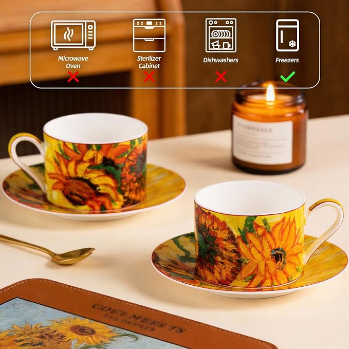 KAMMAK Tea Cups and Saucers Set of 2, Porcelain Coffee Cups, JBE007 | Stackable - Image 6
