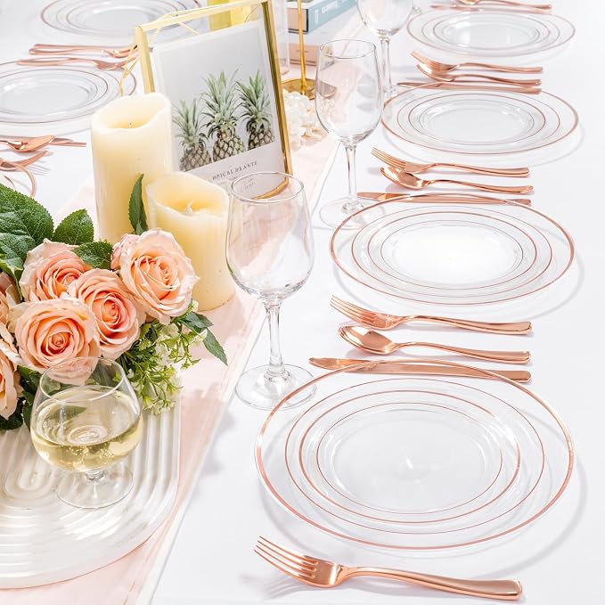 bUCLA 150PCS Clear Rose Gold Disposable Dinnerware set - Image 5