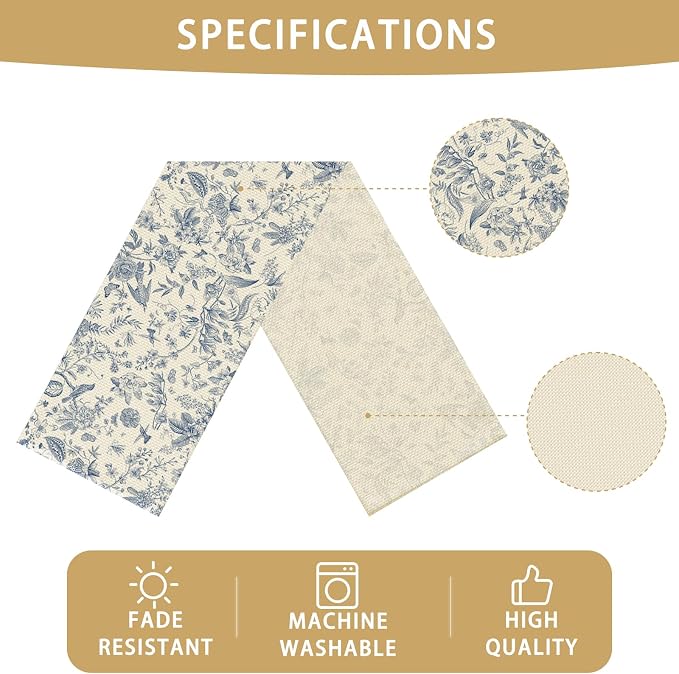 Blue Flower Burlap Table Runner Seasonal Spring Fall Kitchen Dining Linen Table - Image 6