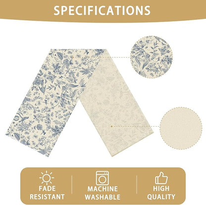 Blue Flower Burlap Table Runner Seasonal Spring Fall Kitchen Dining Linen Table - Image 6