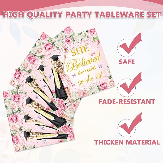 96Pcs She Believed She Could So She Did Paper Plates Napkins Forks Flower - Image 3