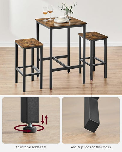 VASAGLE Bar Table and Chairs Set, Square Table with 2 Stools, Dining Pub Set for 2, Space Saving for Kitchen Breakfast, Living Room, Rustic Brown and Ink Black