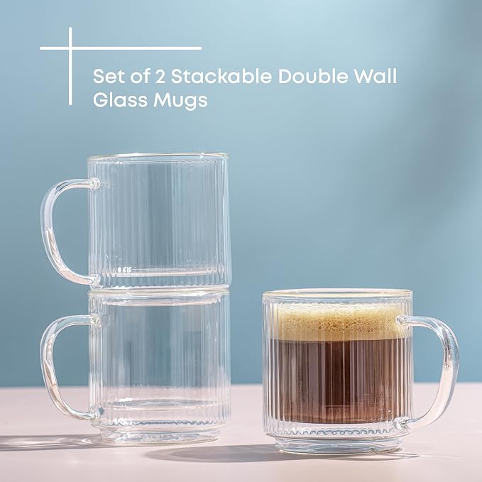 JoyJolt Haven Stackable Fluted Glass Mugs, 13.5oz Clear Mugs - Image 4