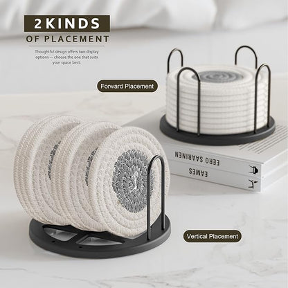 Coasters Set of 8 for Drinks, Beer, Coffee, Cotton Woven Absorbent Coaster with Holder, Boho Coasters for Home Decor Tabletop Protection Suitable for Kinds of Cups, White & Grey