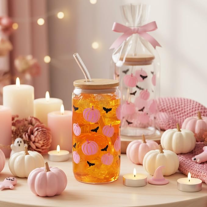 Sliner 2 Pcs Halloween Glass Cups Pink Pumpkin Bat Drinking Tumbler Fall - Image 2