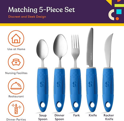 Special Supplies Adaptive Utensils (5-Piece Kitchen Set) Wide, Non-Weighted, Non-Slip Handles for Hand Tremors, Arthritis, Parkinson’s or Elderly Use - Stainless Steel Knives, Fork, Spoons - Blue