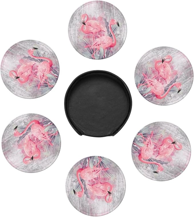 6 Pcs Pink Cute Flamingo Modern Art Boho Leather Coasters - Image 7