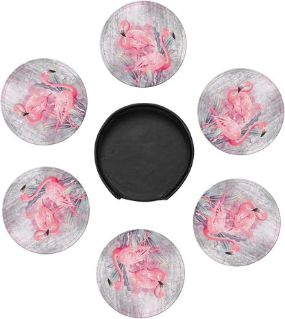 6 Pcs Pink Cute Flamingo Modern Art Boho Leather Coasters - Image 7
