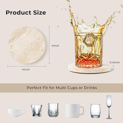 Natural Travertine Marble Coasters Set of 4-4" Round Stone Drink Coasters - Image 3