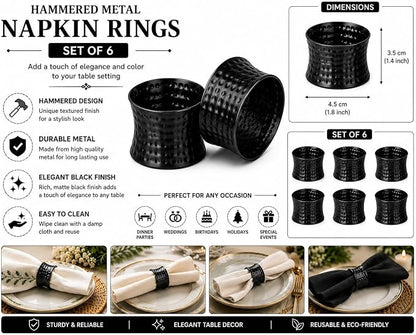 ITOS365 Black Napkin Rings Set of 6, Handmade Hammered Metal Napkin Ring Holders - Image 2