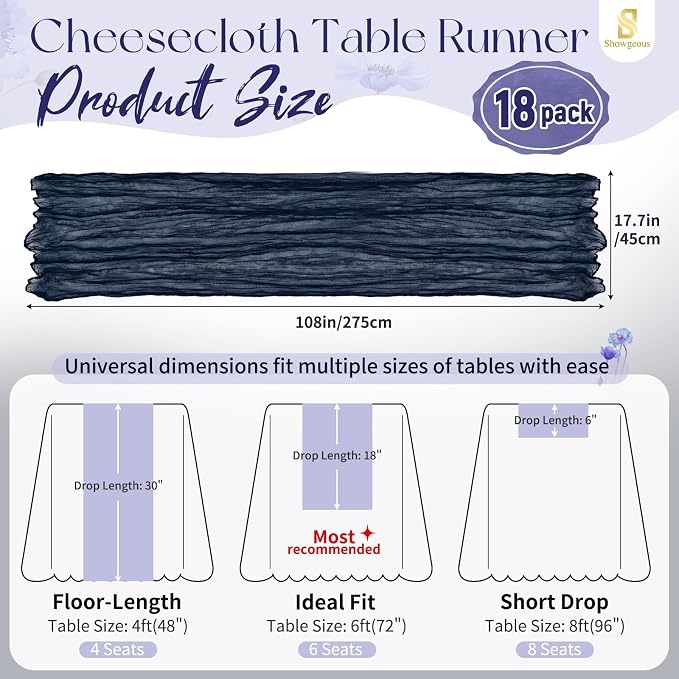 Showgeous 18 Pack Navy Blue Cheesecloth Table Runner, 17 x 108 Inches | Boho - Image 2