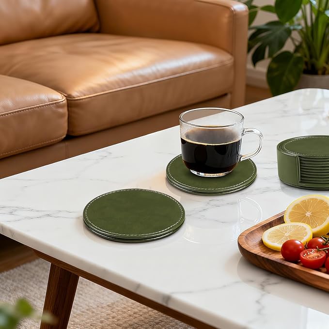 Leather Coasters Set of 6 with Holder, Tabletop Protection, Coffee Table & Bar - Image 7