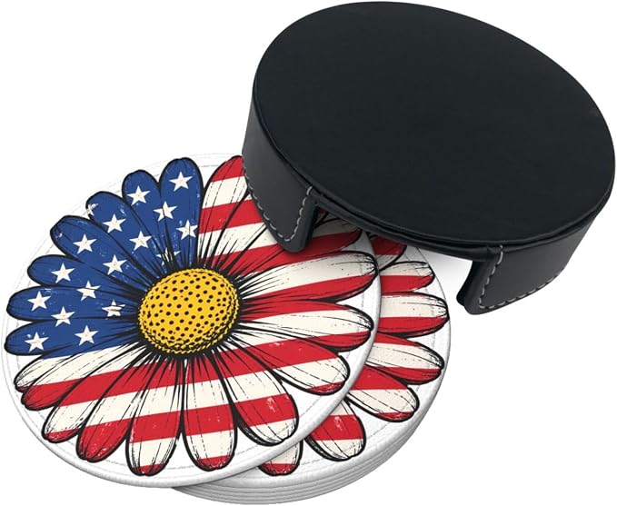 Patriotic American Flag Daisy Floral Leather Coasters Set of 6 - Image 3