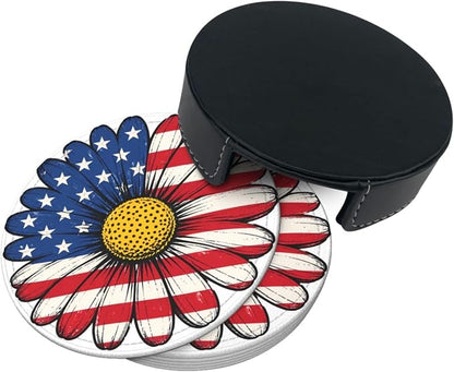 Patriotic American Flag Daisy Floral Leather Coasters Set of 6 - Image 3