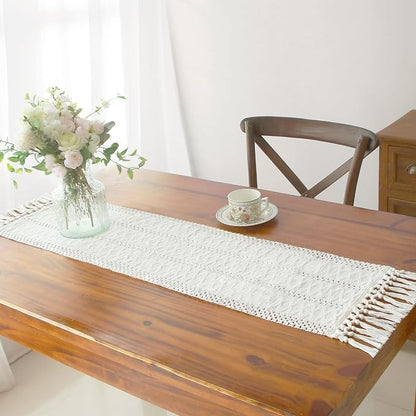 Boho Table Runner with Tassels White by FEXIA