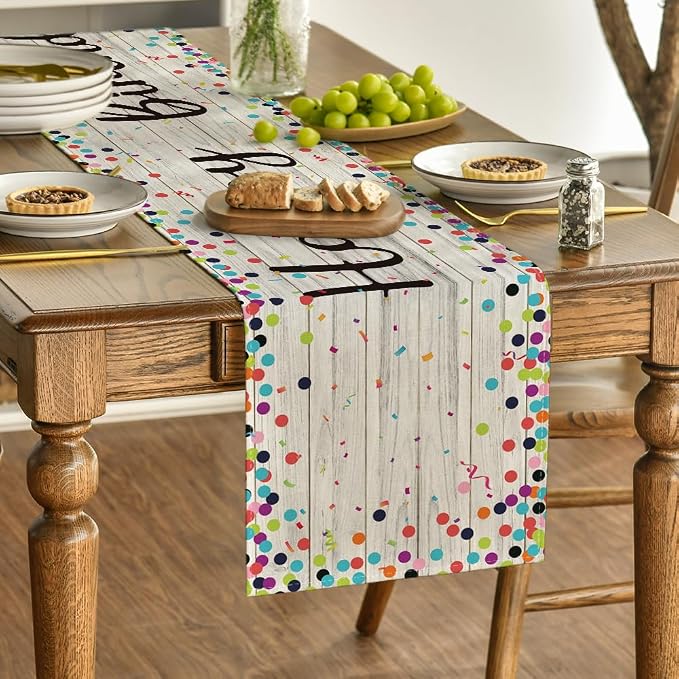 Artoid Mode Polka Dot Wood Happy Birthday Table Runner, Seasonal Kitchen Dining - Image 3