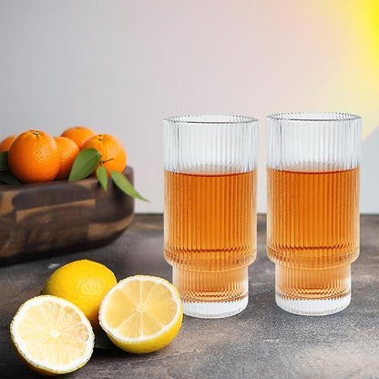 XKXKKE 12 oz Ribbed Drinking Glasses Set of 6, Highball Glass Cups Ridged Glass - Image 2