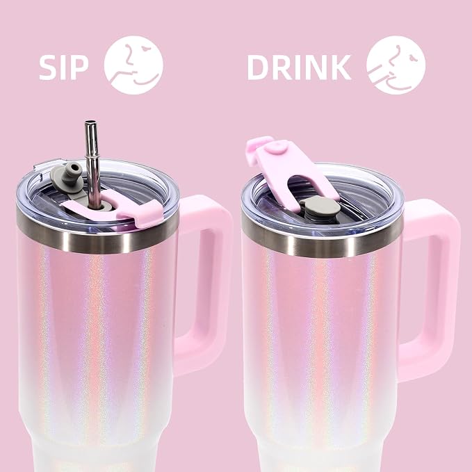 40 oz Shiny Tumbler with Handle and Straw, Stainless Steel Tumbler with Lid and - Image 4