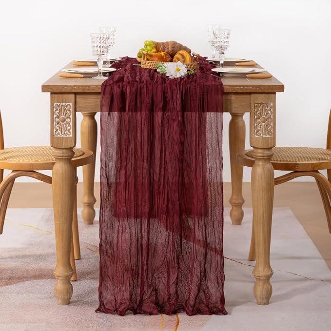 2 Pack Burgundy Cheesecloth Table Runner 10ft Sheer Gauze Events Decor | - Image 3