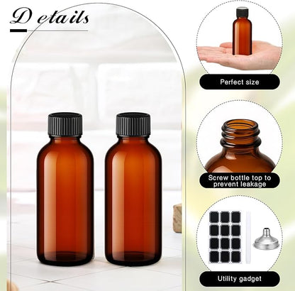 Hsei 100 Pcs 1 oz Amber Glass Boston Round Bottles with Black Cap Brown Sample Bottle Small Glass Containers with Lids and Funnel Chalk Labels Pen for Vanilla Extract Essential Oils