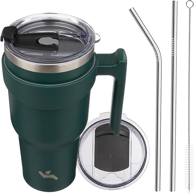 Konokyo 40 oz Tumbler with Handle and Straw, Insulated Travel Mug | Army Green; by Konokyo