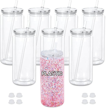20 Oz Plastic Snowglobe Tumbler, 8 Pack Pre-Drilled Double Wall Acrylic Snow by Maucircol