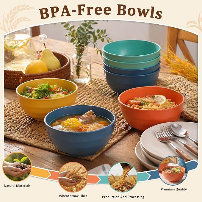 Wheat Straw Bowls 60oz, Unbreakable Ramen Bowl Set of 8, Large Plastic Bowls - Image 3