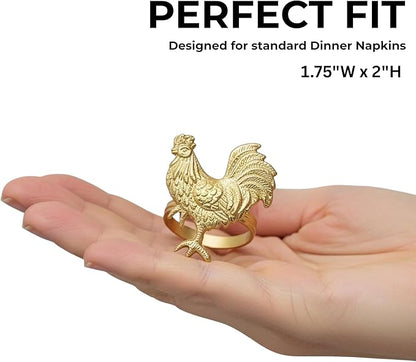 CLEENTABLE Napkin Rings Set of 12, Metal Napkin Holder Cuffs for Dinner Table Décor, Thanksgiving Rooster Farmhouse Modern Serviette Rings for Christmas, Weddings, Receptions, Gold