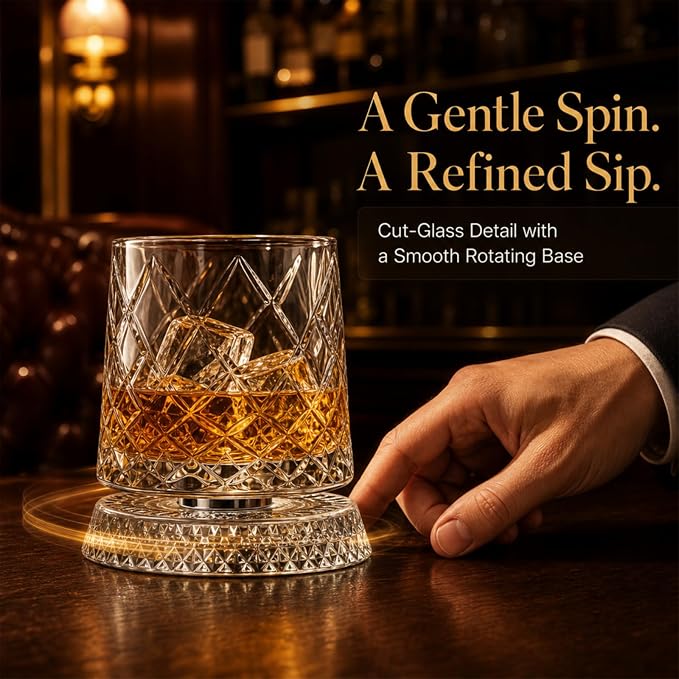 360° Rotating Whiskey Glasses Set of 2, Vintage Crystal Tumblers - Image 5