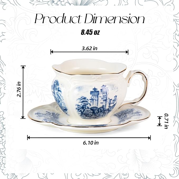 KAMMAK Tea Cups and Saucers Set of 2, 8 oz Porcelain Coffee Cups, SY001 | - Image 2